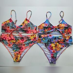 NWOT Tropical Floral High-Waist Bikini Set - Coral & Lavender Prints - Plus Size